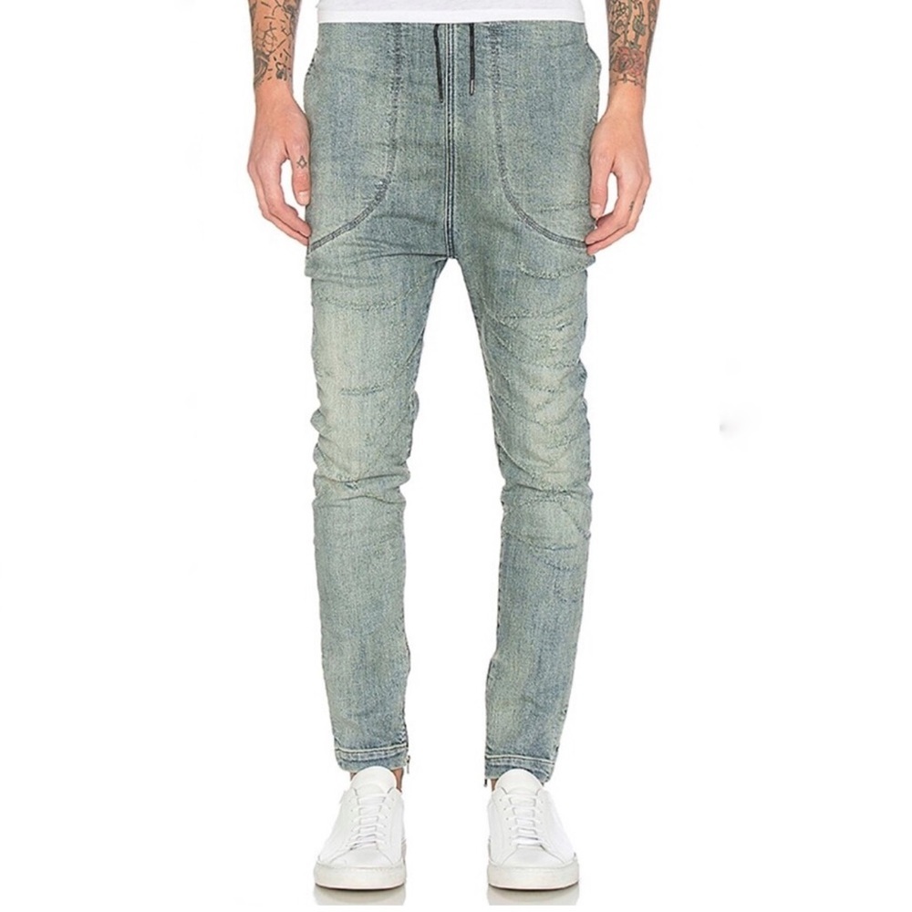 LOVE UGLY Jeans Mens Medium Blue Acid Wash Harem Style Elastic Waist Zip Ankle